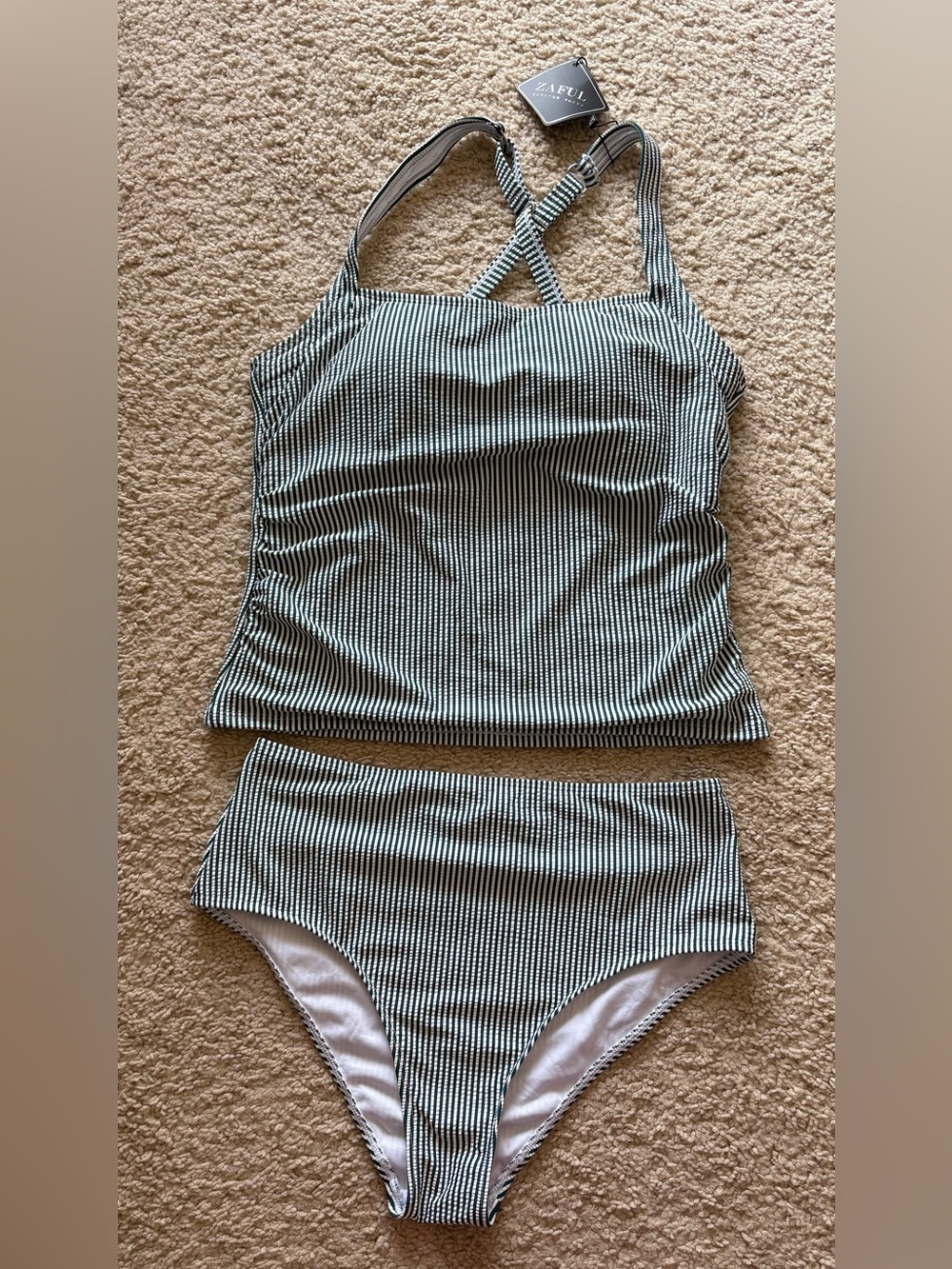 NWT ZAFUL Striped High-Waisted Tankini Swimsuit Set – Size L | Green & White